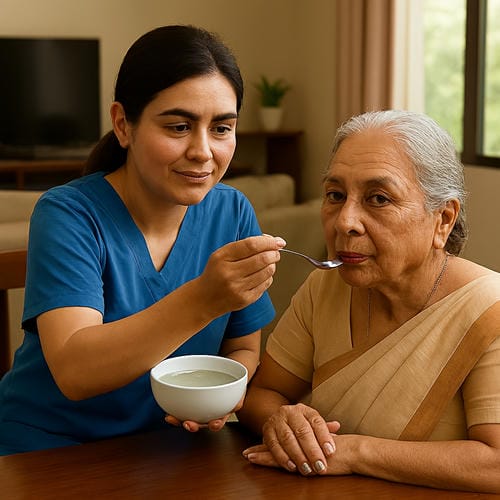 Female attendant feeding elderly woman with a spoon at home