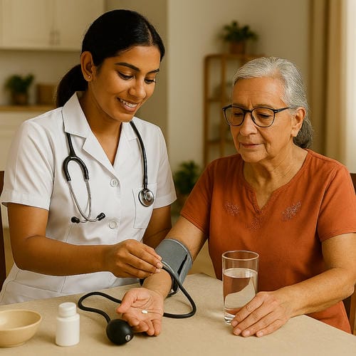 Female nurse checking blood pressure and handing medicine to elderly woman