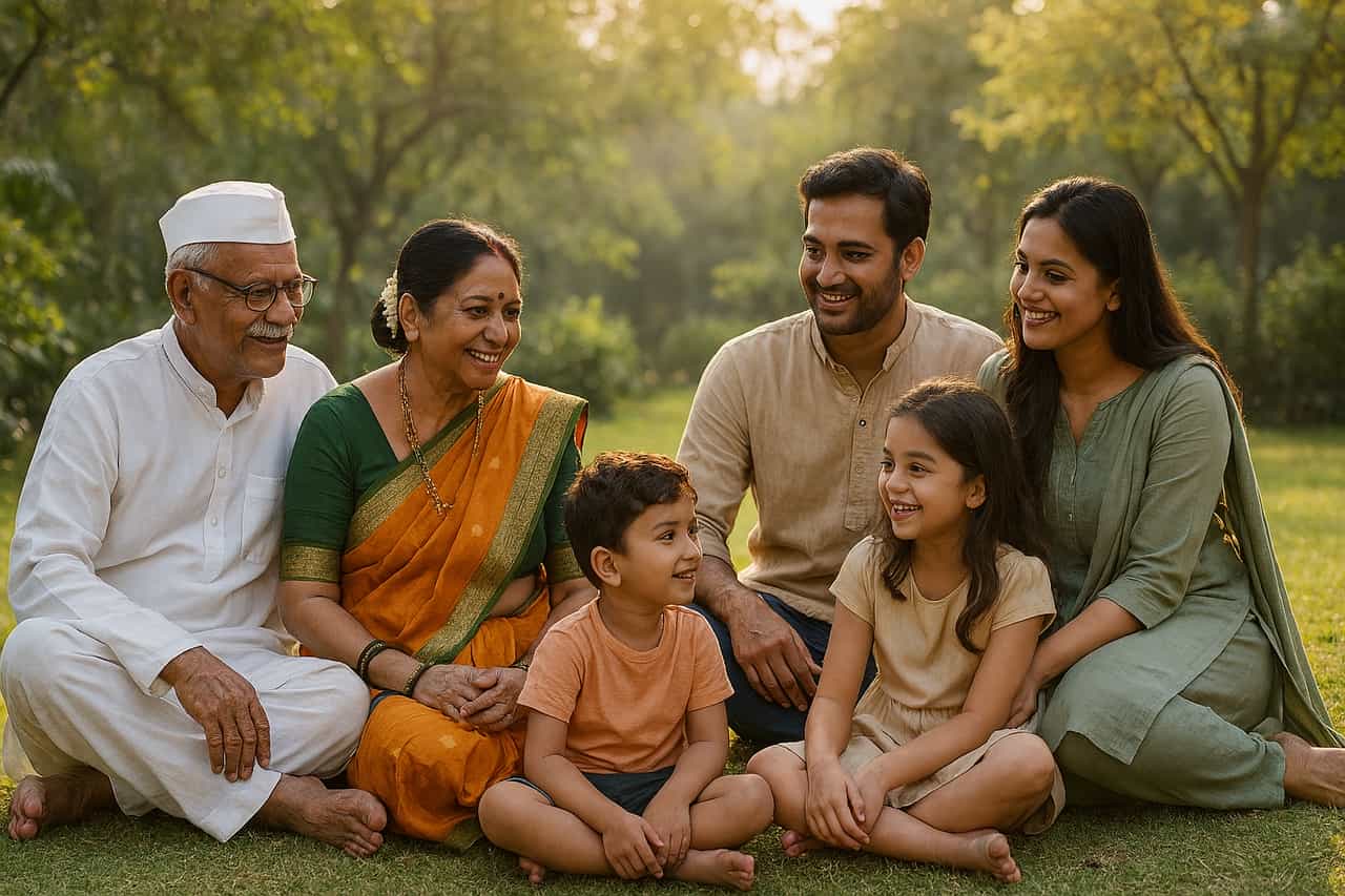 Happy multi-generational Indian family sitting together in garden