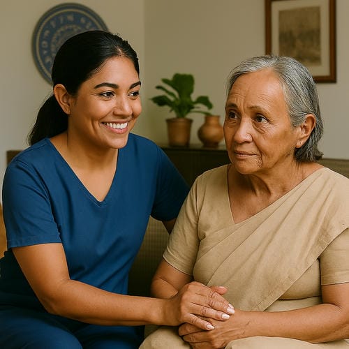 Female attendant supporting senior woman at home, hands touching