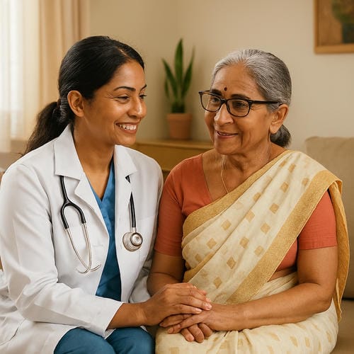 Female nurse helping elderly woman at home