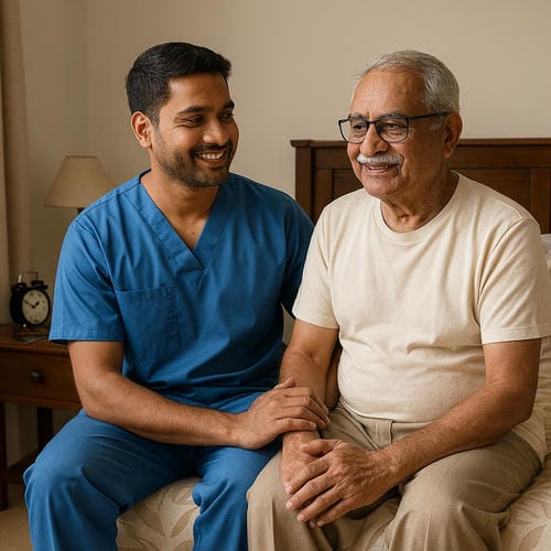 Male attendant assisting elderly man at home, hands touching