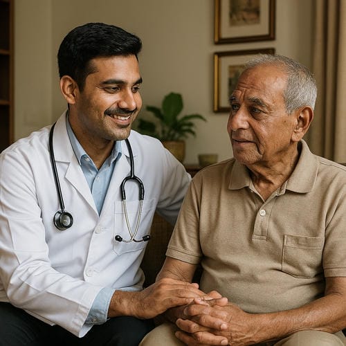 Male nurse assisting elderly man at home, hands touching