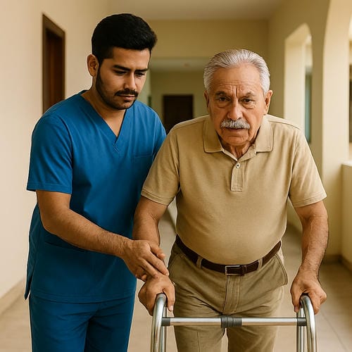 Male attendant helping elderly man walk with a walker at home