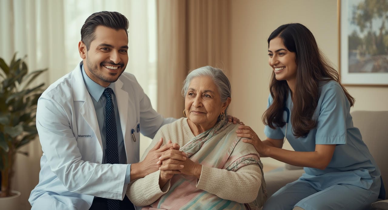 Male nurse and female attendant providing care to elderly woman sitting together