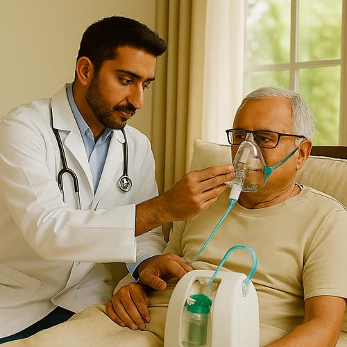 Male nurse assisting elderly man with oxygen mask at home